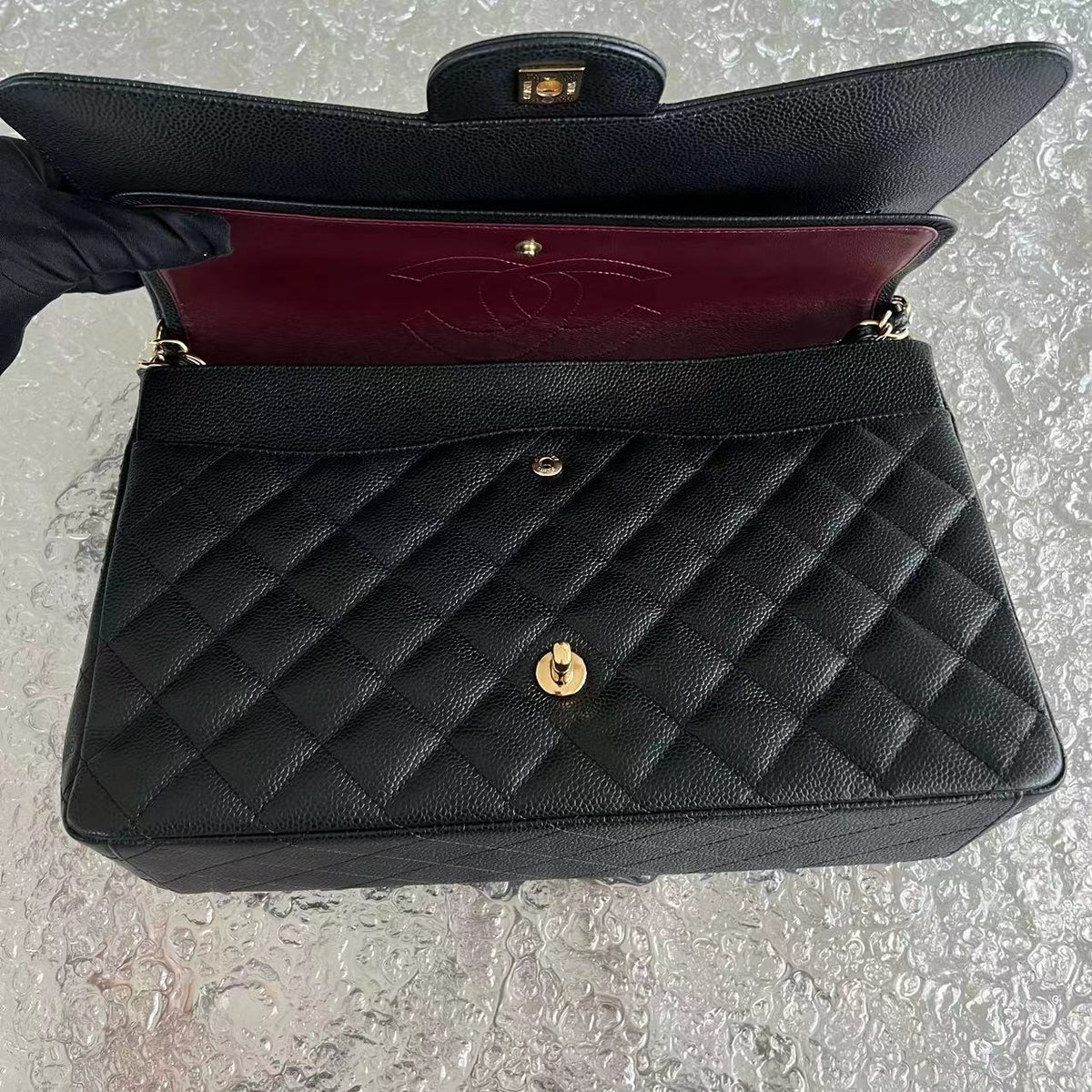 Caviar Maxi Classic Flap Double Flap Quilted Calfskin Black GHW No 15