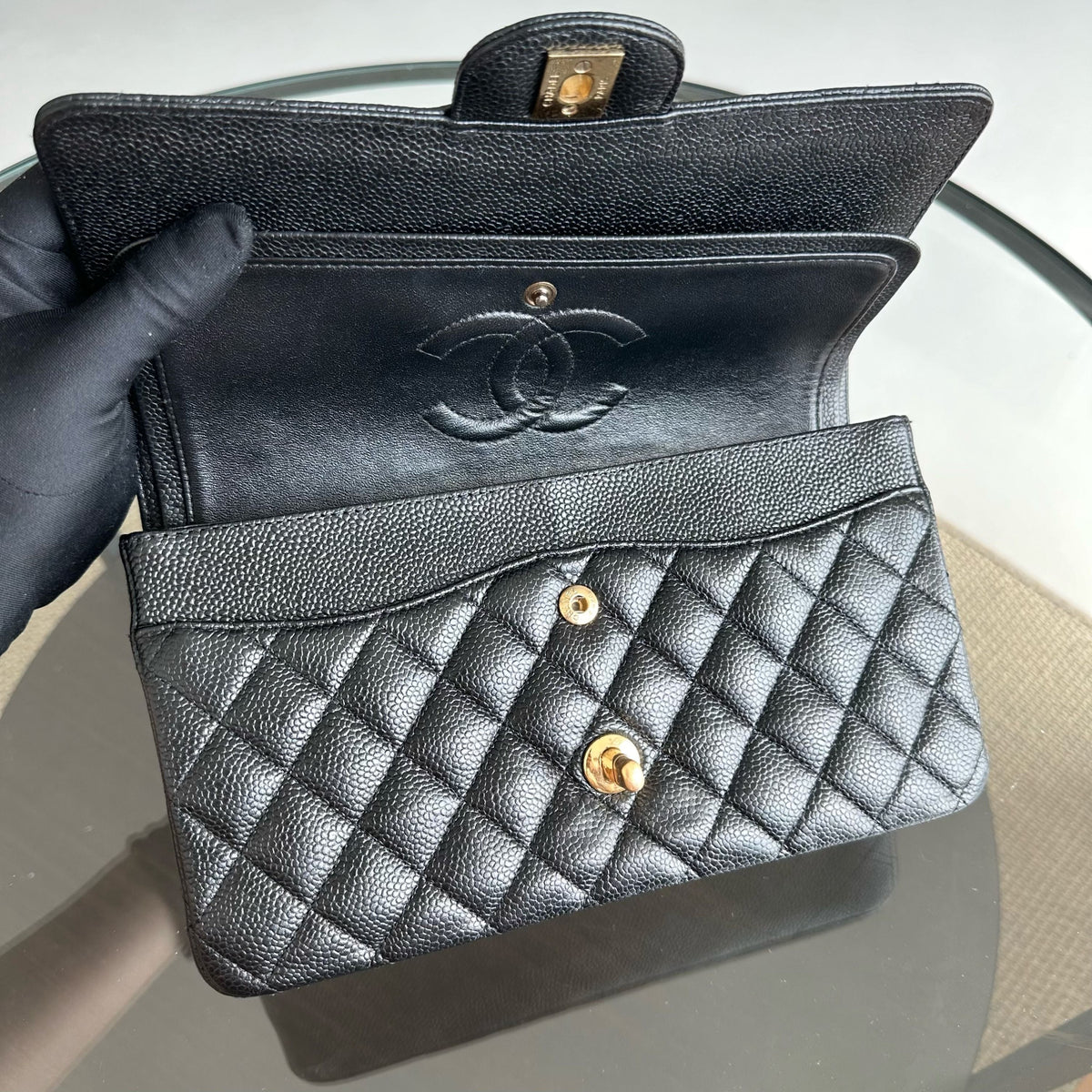 Caviar Double Flap Black GHW No 13