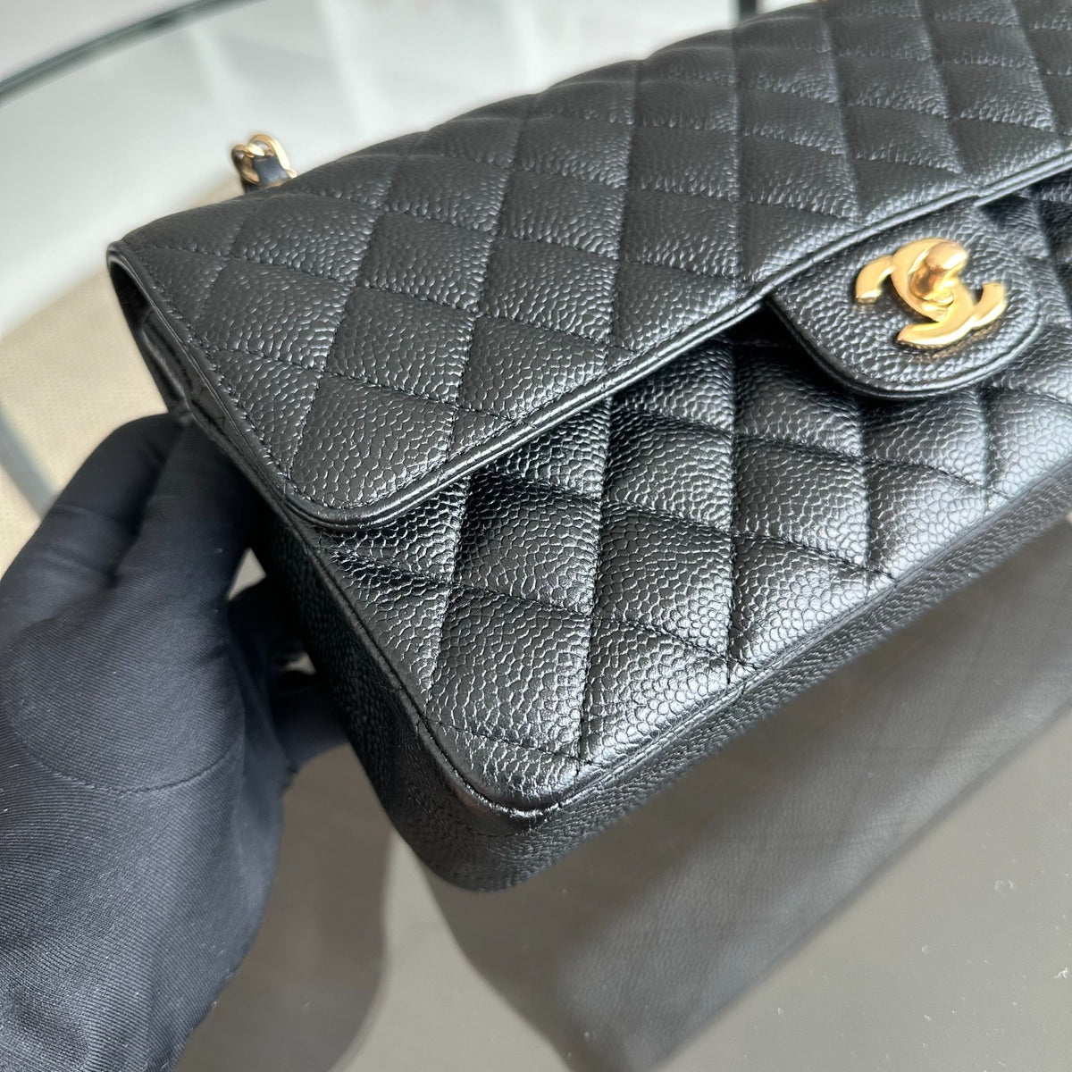 Caviar Double Flap Black GHW No 13
