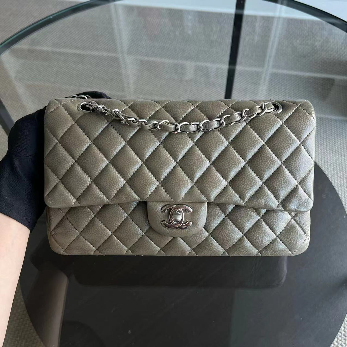 Caviar Double Flap Quilted Calfskin Taupe Green Brown SHW No 17