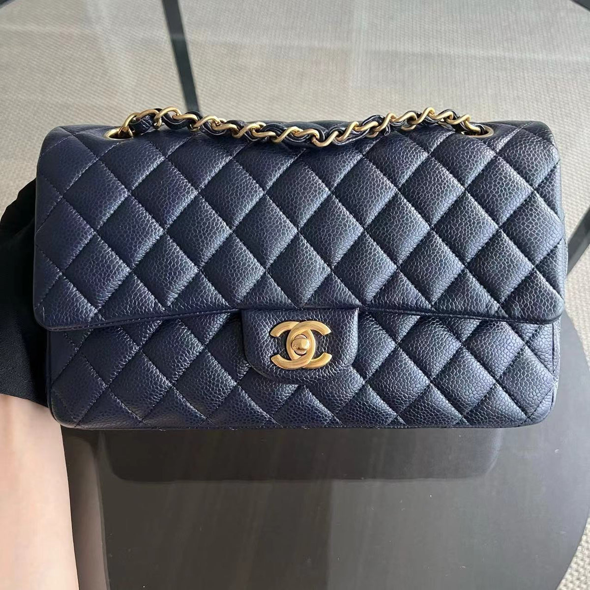 Caviar Double Flap Quilted Grained Calfskin Dark Blue Golden Hardware Series 21