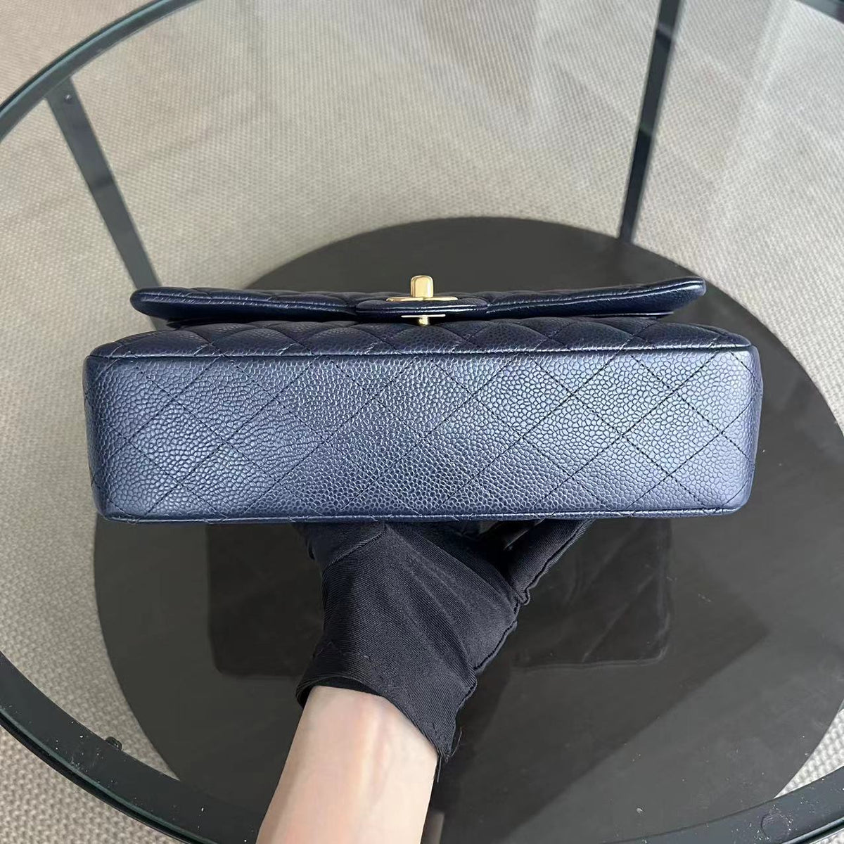 Caviar Double Flap Quilted Grained Calfskin Dark Blue Golden Hardware Series 21