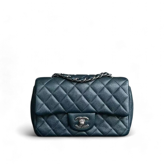 Caviar Mini Rectangular Classic Flap Quilted Calfskin Dark Green Silver Hardware