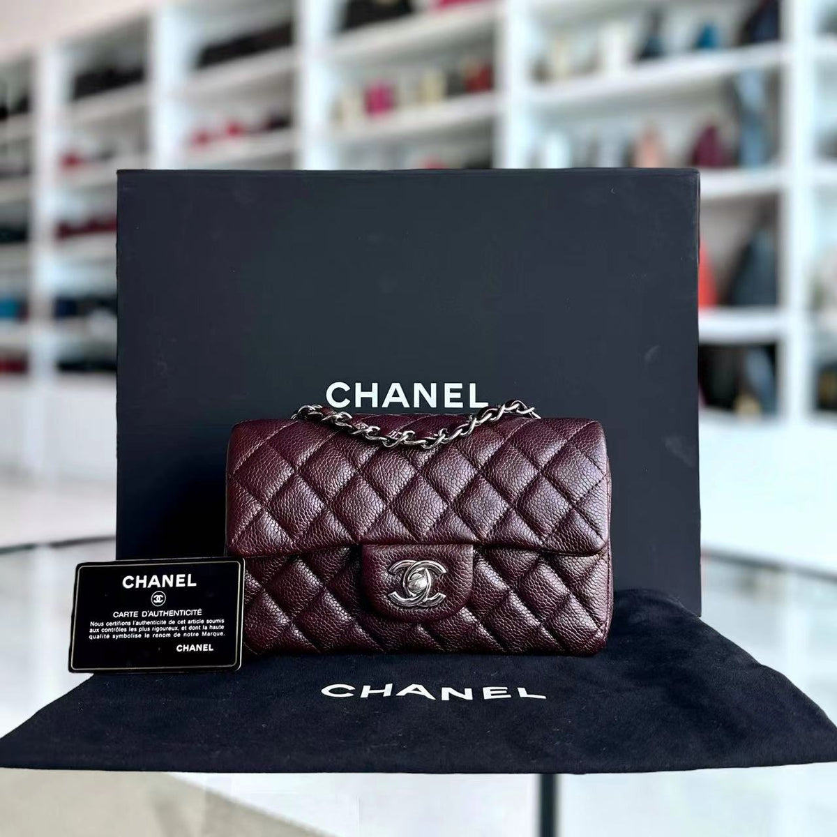 Caviar Mini Rectangular Classic Flap Quilted Grained Calfskin Burgundy Silver Hardware Series 20