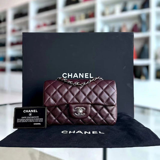 Caviar Mini Rectangular Classic Flap Quilted Grained Calfskin Burgundy Silver Hardware Series 20