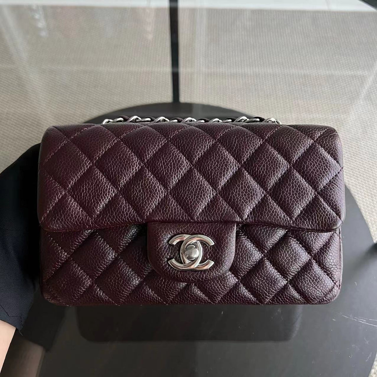 Caviar Mini Rectangular Classic Flap Quilted Grained Calfskin Burgundy Silver Hardware Series 20