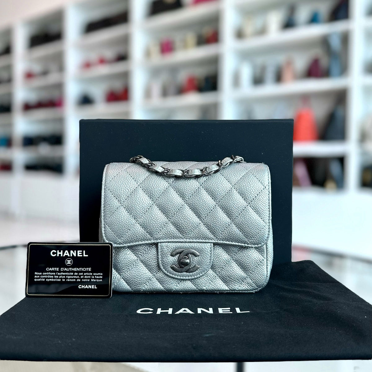 Caviar Mini Square Quilted Grained Calfskin Silver RSHW No 24