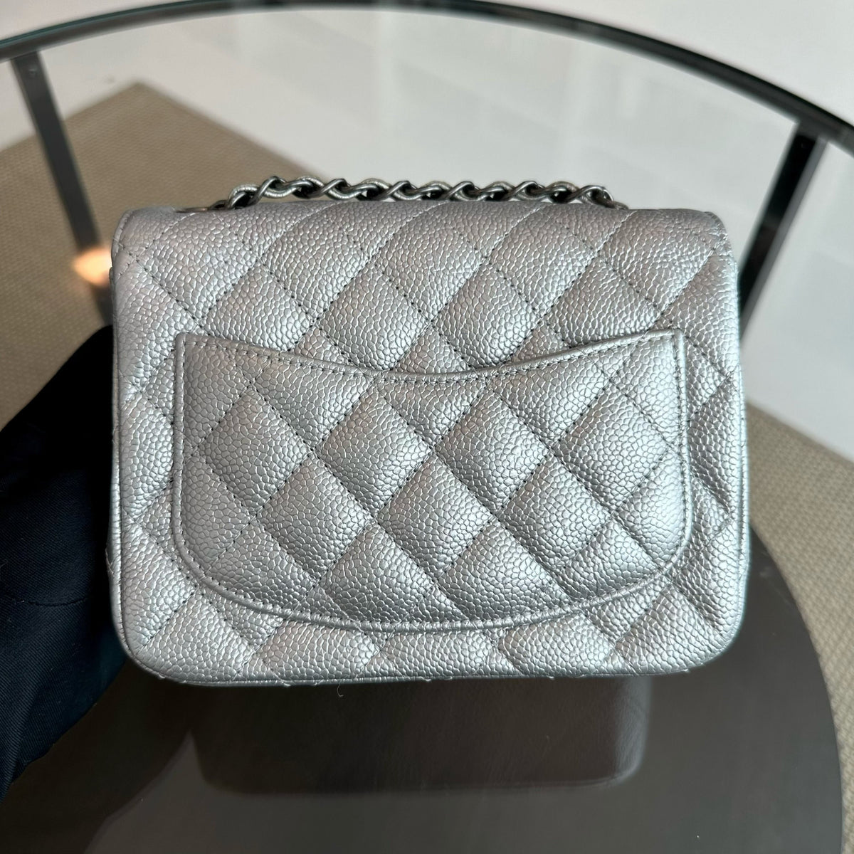 Caviar Mini Square Quilted Grained Calfskin Silver RSHW No 24