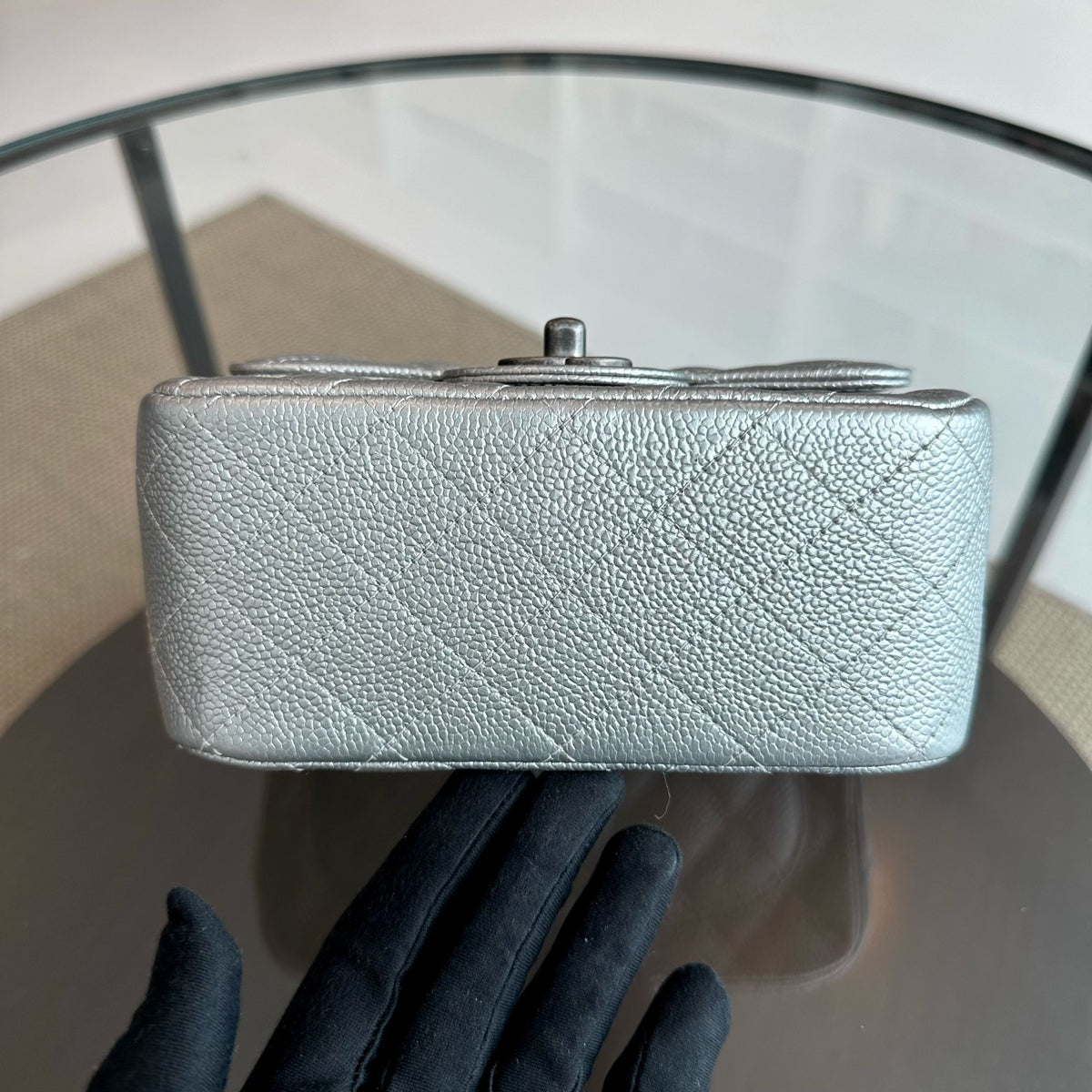 Caviar Mini Square Quilted Grained Calfskin Silver RSHW No 24