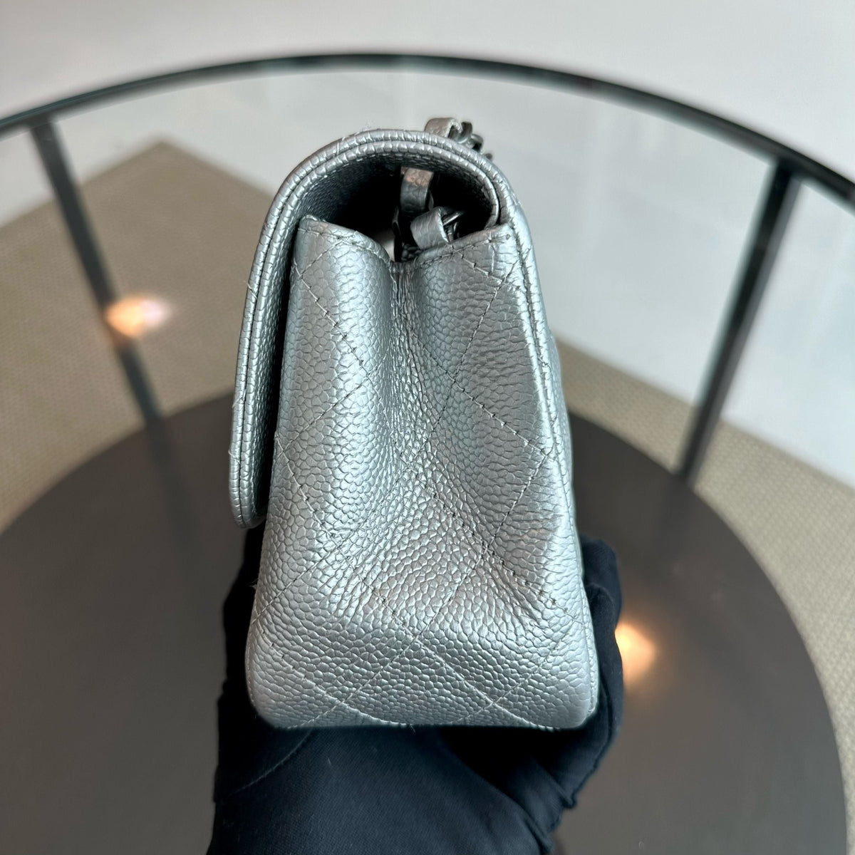Caviar Mini Square Quilted Grained Calfskin Silver RSHW No 24