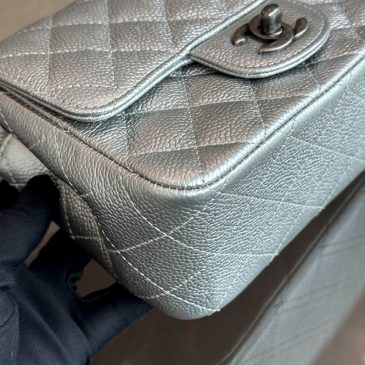 Caviar Mini Square Quilted Grained Calfskin Silver RSHW No 24