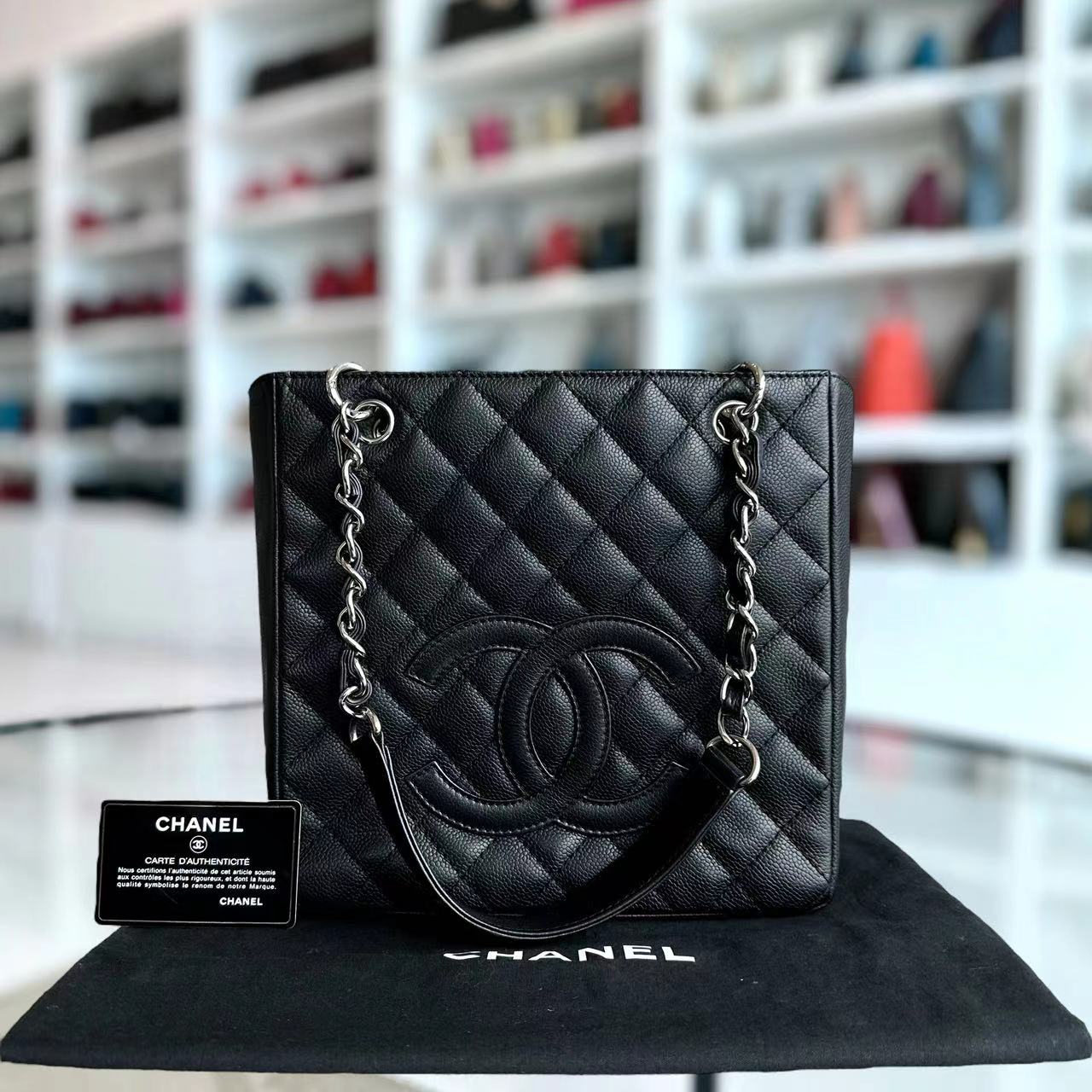 Caviar PST Petite Shopping Tote Quilted Calfskin Black Silver Hardware Series 12