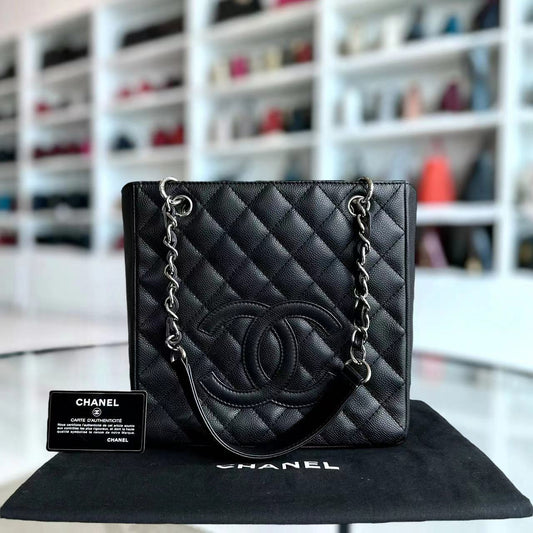 Caviar PST Petite Shopping Tote Quilted Calfskin Black Silver Hardware Series 12