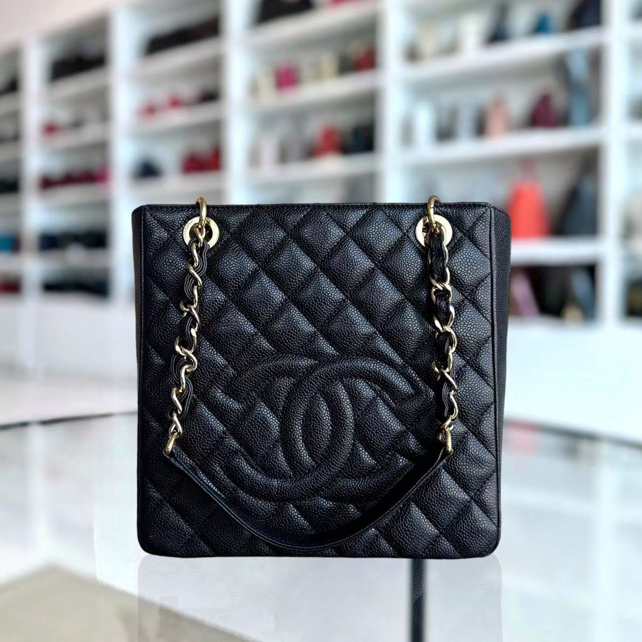 Caviar PST Petite Shopping Tote Quilted Grained Calfskin Black Golden Hardware Series 14