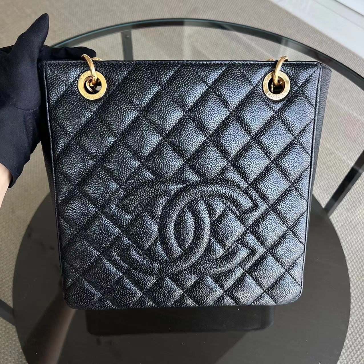 Caviar PST Petite Shopping Tote Quilted Grained Calfskin Black Golden Hardware Series 14