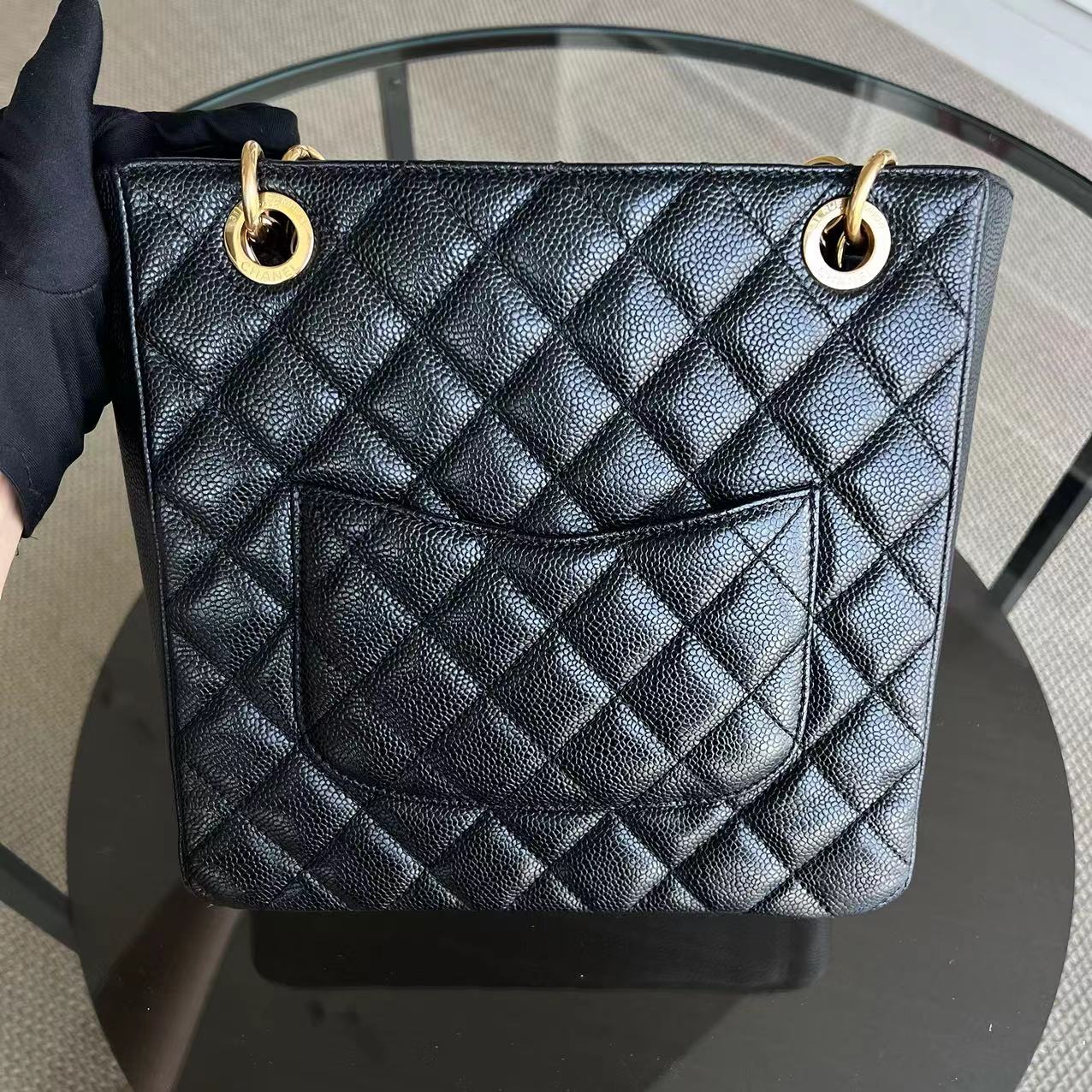 Caviar PST Petite Shopping Tote Quilted Grained Calfskin Black Golden Hardware Series 14