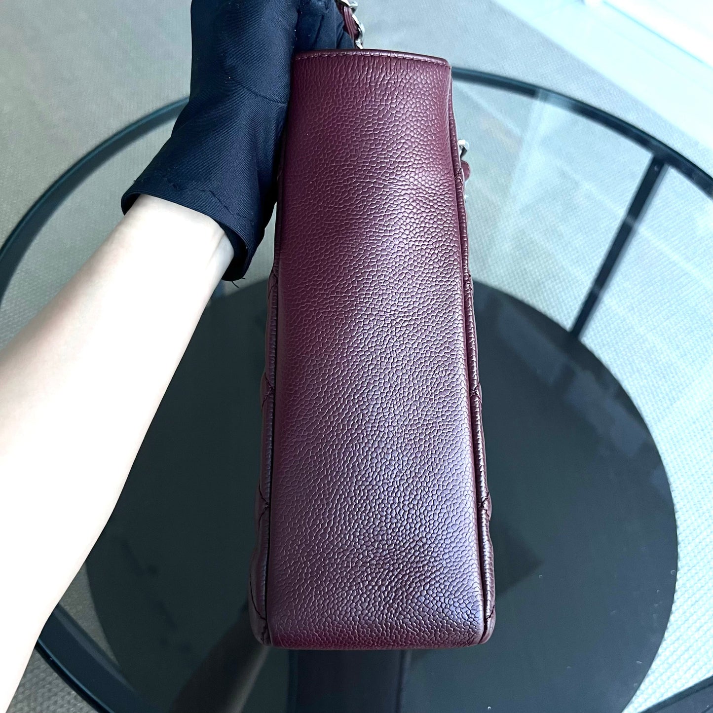 Caviar PST Petite Shopping Tote Quilted Grained Calfskin Burgundy Silver Hardware Series 18