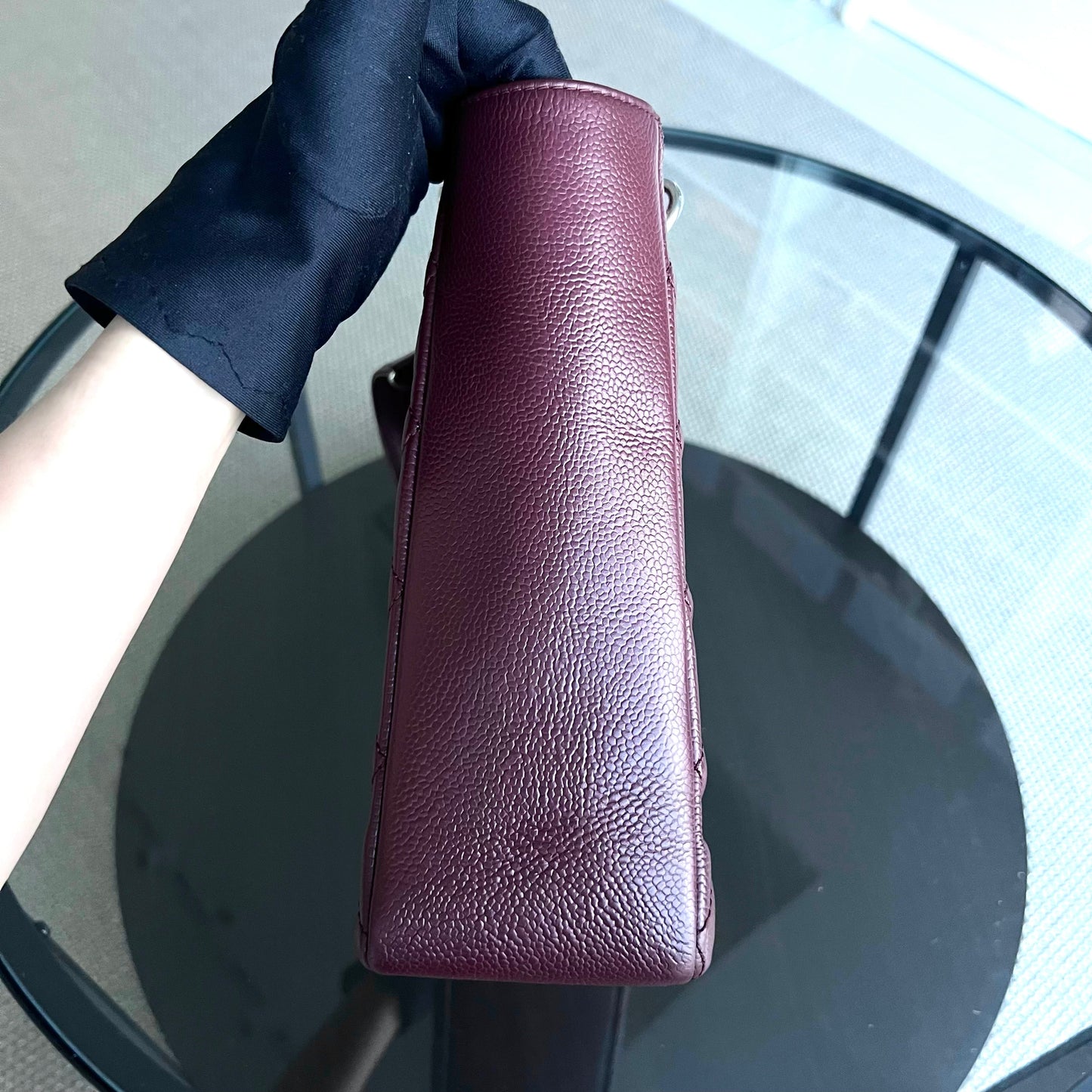 Caviar PST Petite Shopping Tote Quilted Grained Calfskin Burgundy Silver Hardware Series 18