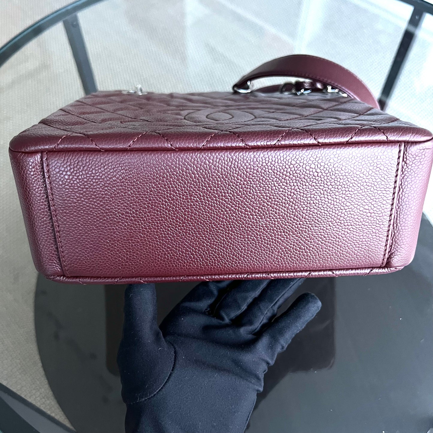 Caviar PST Petite Shopping Tote Quilted Grained Calfskin Burgundy Silver Hardware Series 18