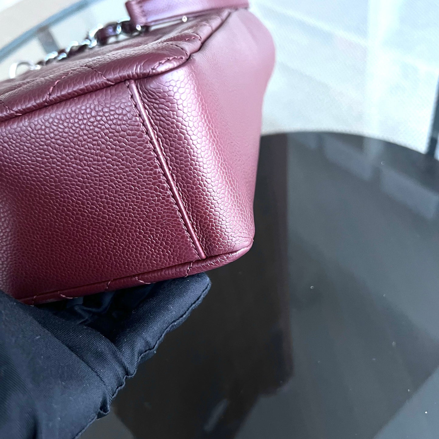 Caviar PST Petite Shopping Tote Quilted Grained Calfskin Burgundy Silver Hardware Series 18