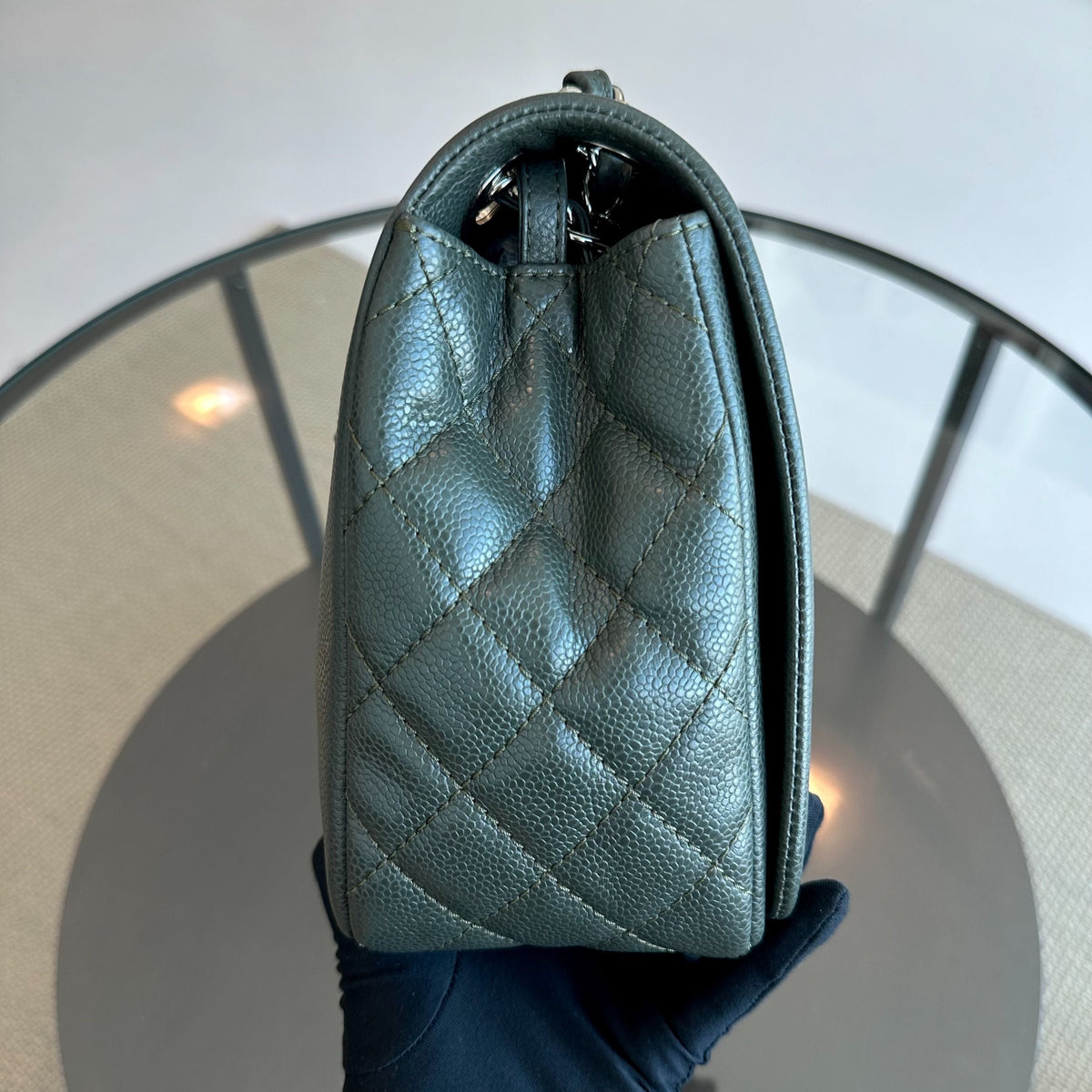 Caviar Seasonal Jumbo Timeless Double CC Flap Calfskin Green No 15