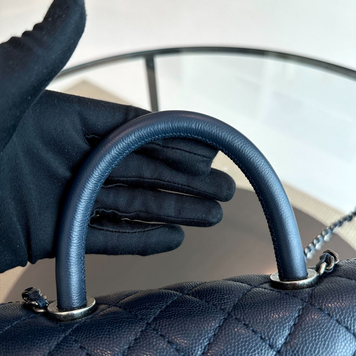 Caviar Small Coco Handle 24cm Quilted Calfskin Dark Navy Blue No 22