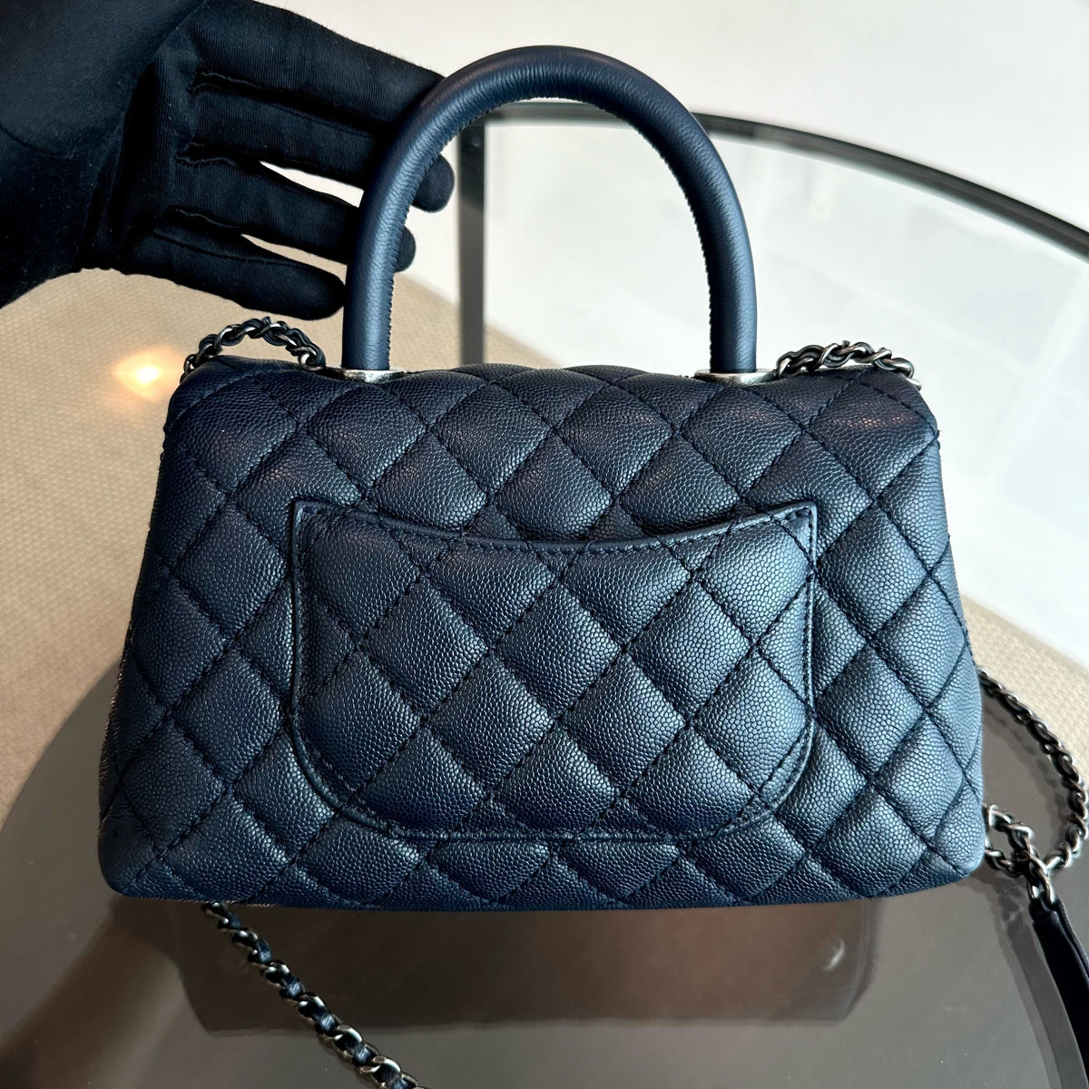 Caviar Small Coco Handle 24cm Quilted Calfskin Dark Navy Blue No 22
