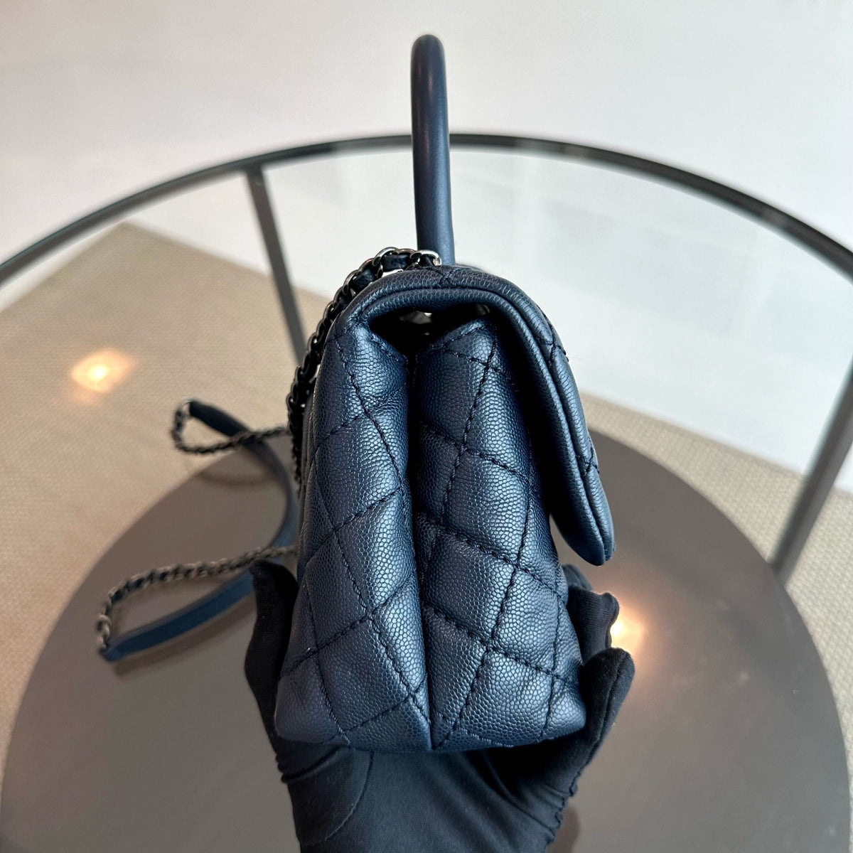 Caviar Small Coco Handle 24cm Quilted Calfskin Dark Navy Blue No 22