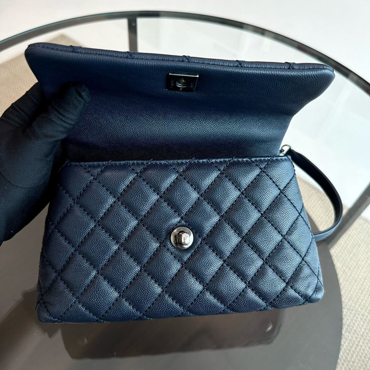 Caviar Small Coco Handle 24cm Quilted Calfskin Dark Navy Blue No 22
