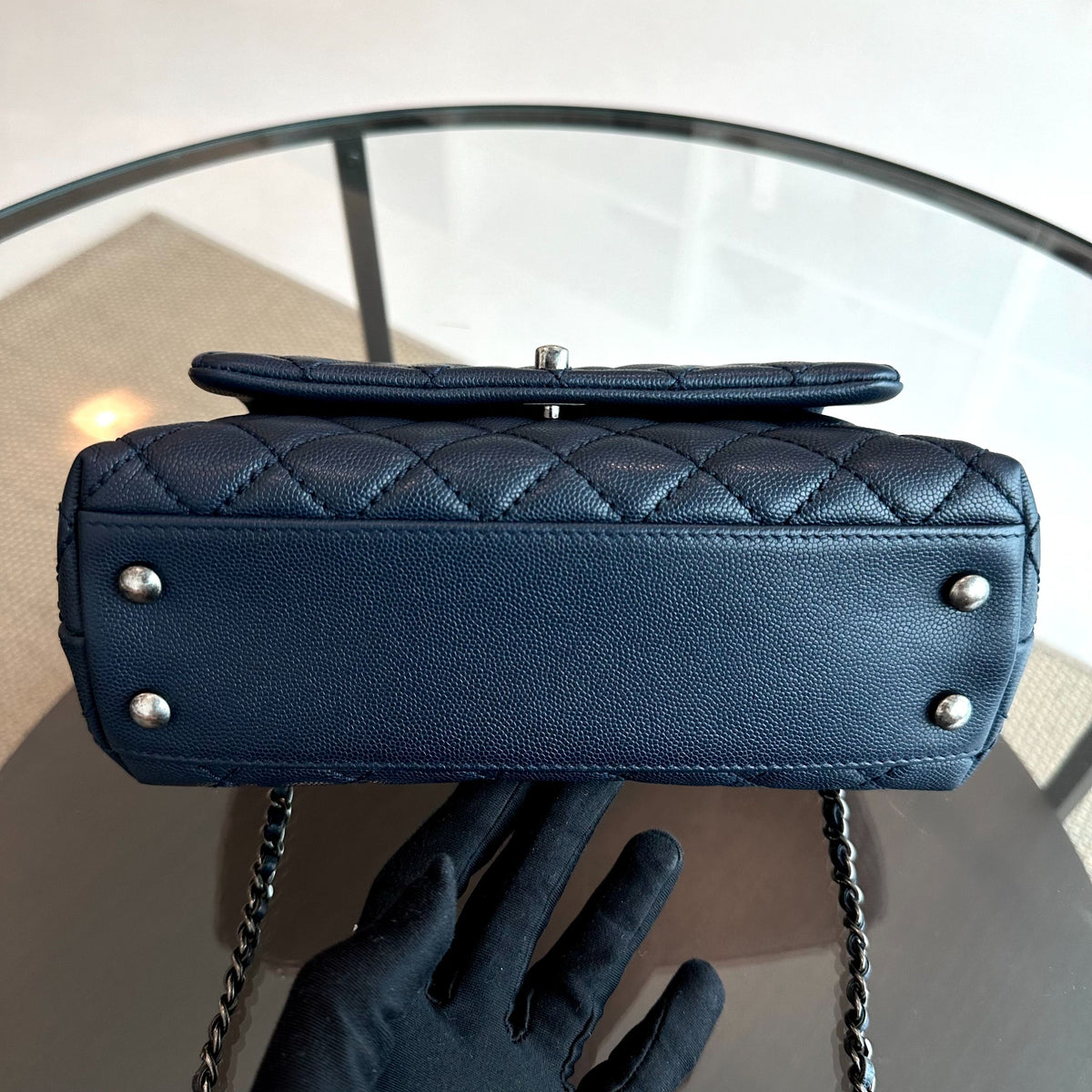 Caviar Small Coco Handle 24cm Quilted Calfskin Dark Navy Blue No 22