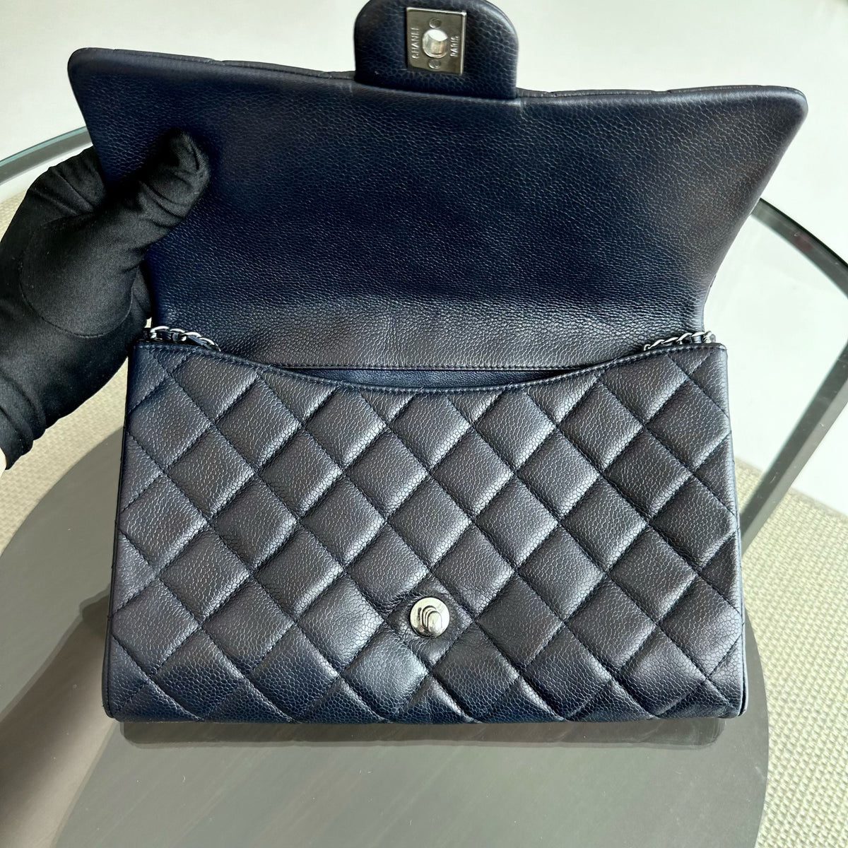 Caviar Timeless Classic Flap Clutch Calfskin Leather Dark Blue SHW No 18