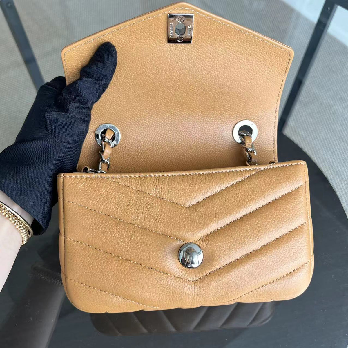 Chanel Mini Square Flap - Caviar V Stitch Chevron Seasonal Calfskin Light Brown SHW No 24
