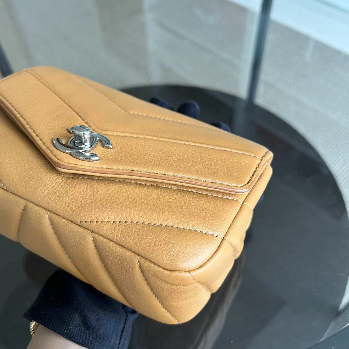Chanel Mini Square Flap - Caviar V Stitch Chevron Seasonal Calfskin Light Brown SHW No 24