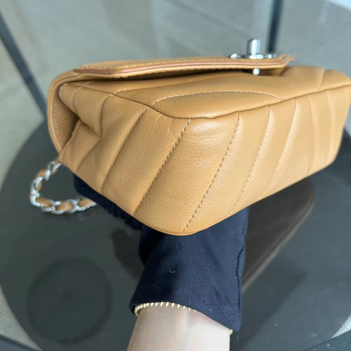 Chanel Mini Square Flap - Caviar V Stitch Chevron Seasonal Calfskin Light Brown SHW No 24
