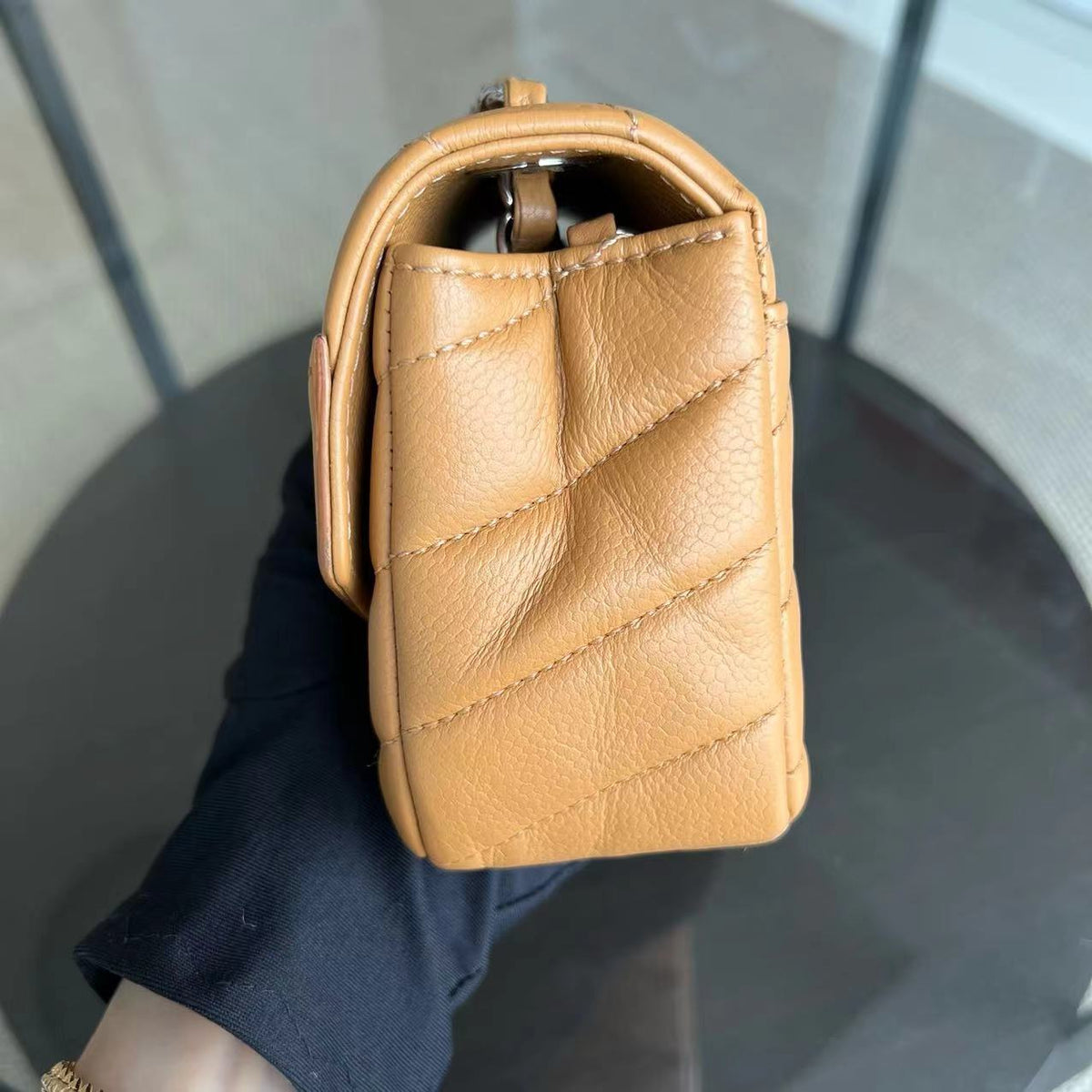 Chanel Mini Square Flap - Caviar V Stitch Chevron Seasonal Calfskin Light Brown SHW No 24
