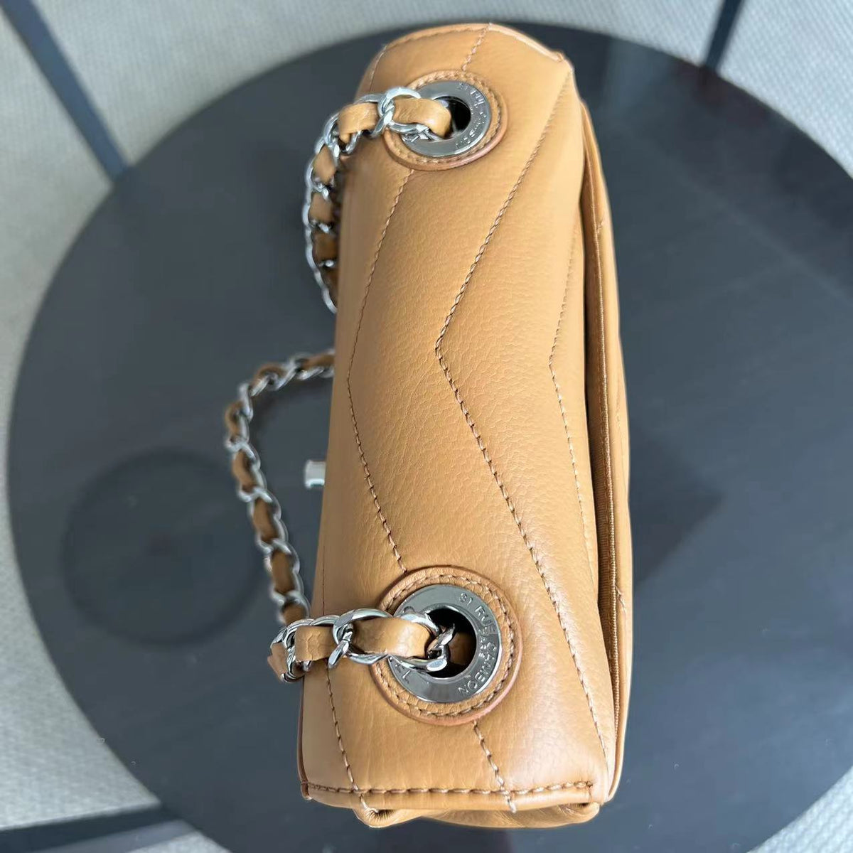 Chanel Mini Square Flap - Caviar V Stitch Chevron Seasonal Calfskin Light Brown SHW No 24