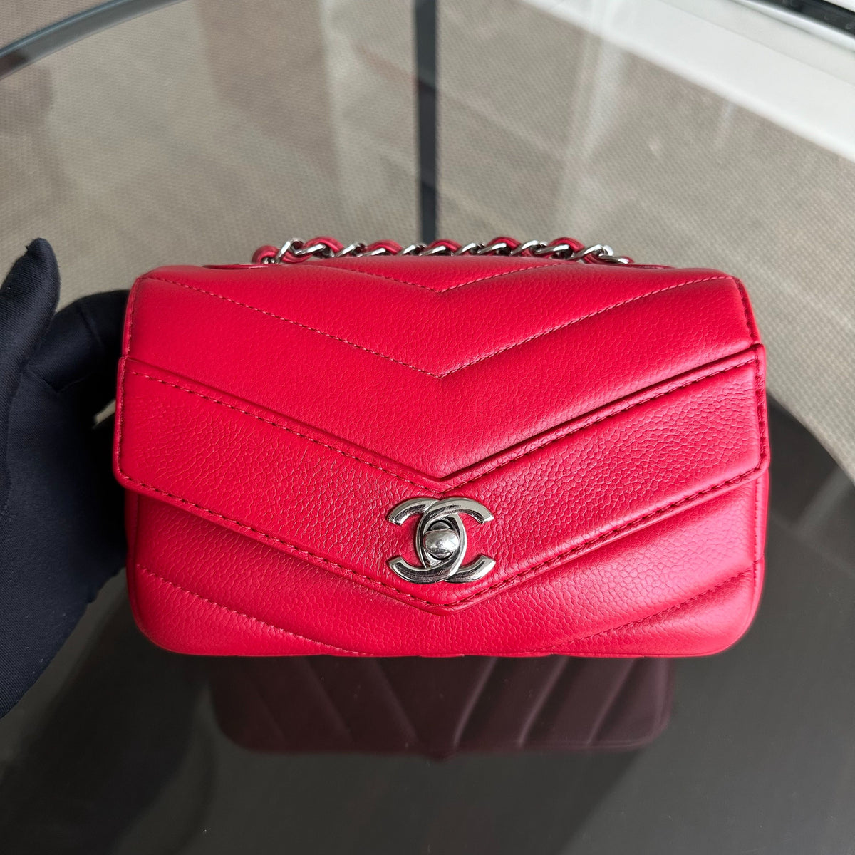 Caviar V Stitch Chevron Mini Square Seasonal Flap Red SHW No 24