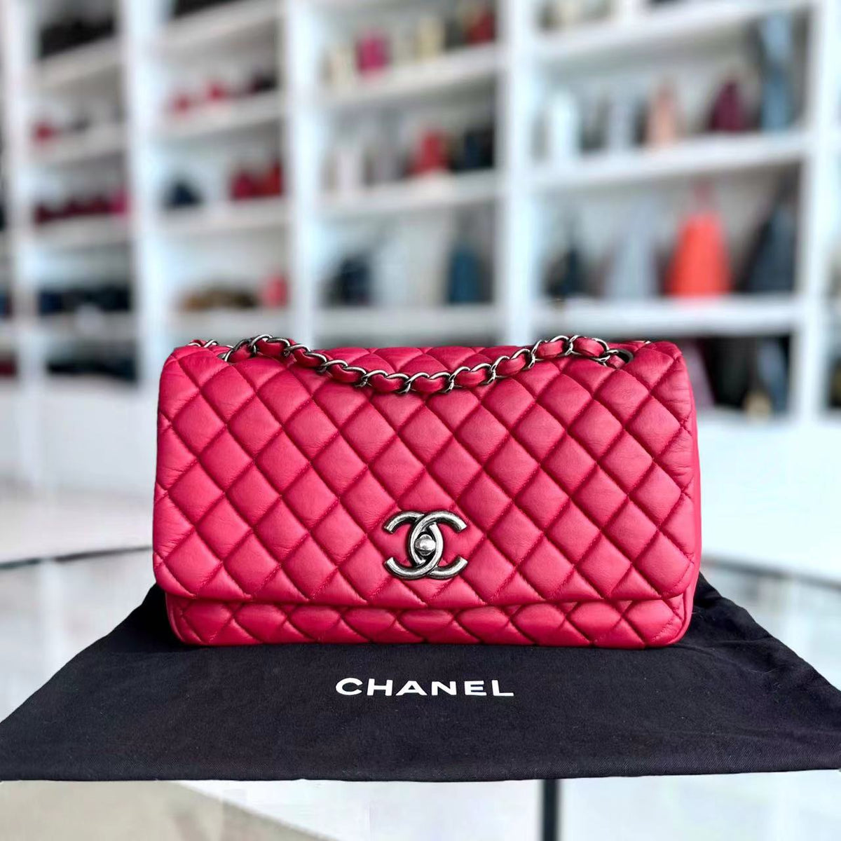 CC Puffer Bubble Seasonal Classic Flap Calfskin Red Silver Hardware Series 17