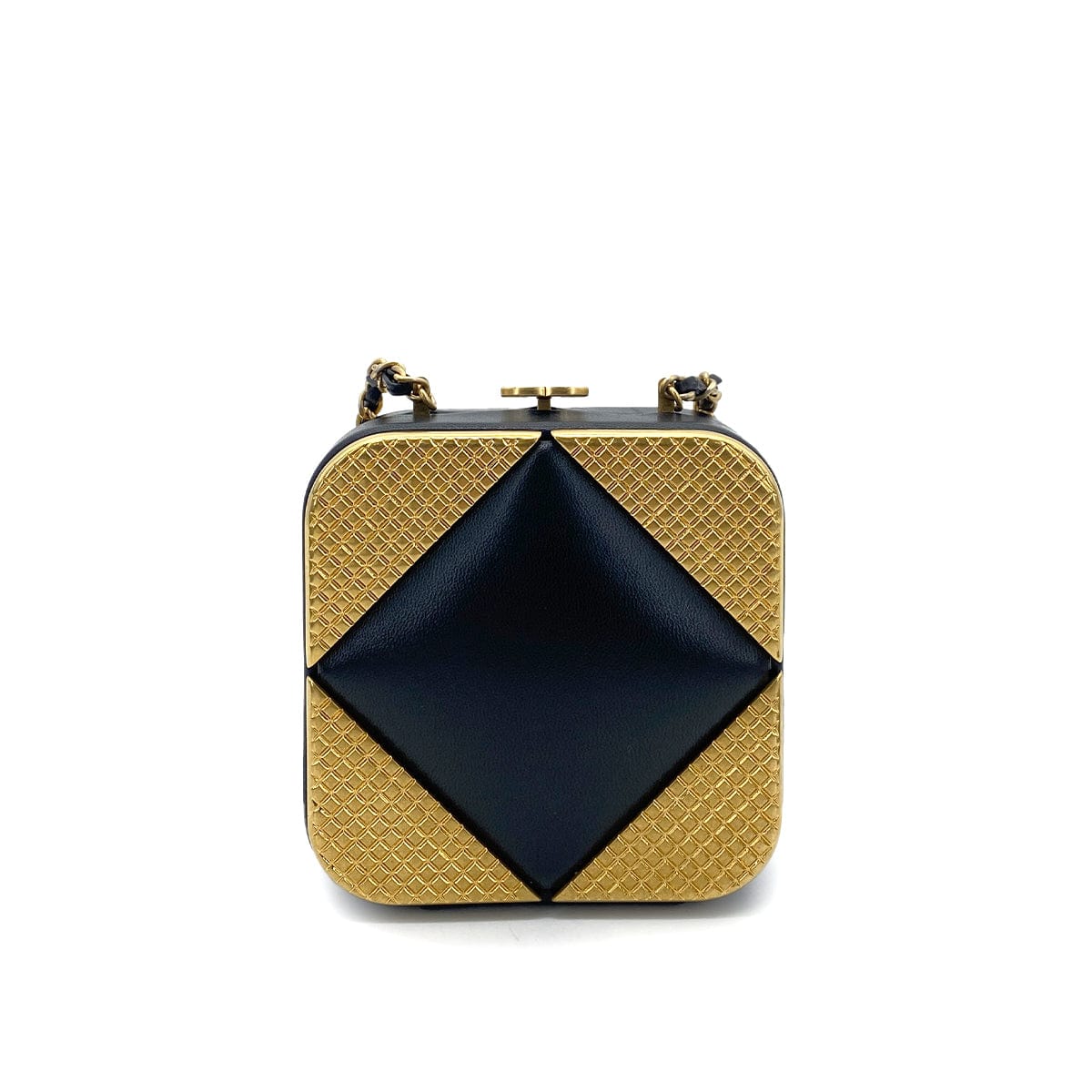 CHANEL METAL PANEL CLUTCH CHAIN SHOULDER BAG GOLD BLACK LAMB SKIN 90261192