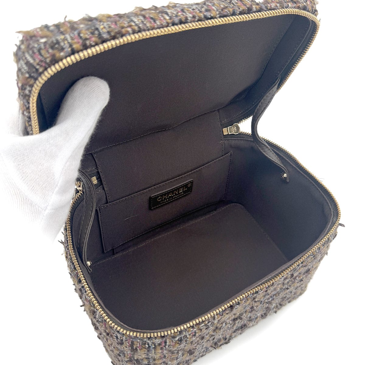 CHANEL VANITY HAND CHAIN SHOULDER BAG BROWN TWEED 90270367