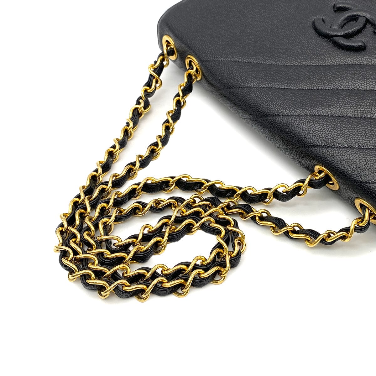 CHANEL VINTAGE BIAS STITCH CHAIN SHOULDER BAG BLACK CAVIAR SKIN 90260184