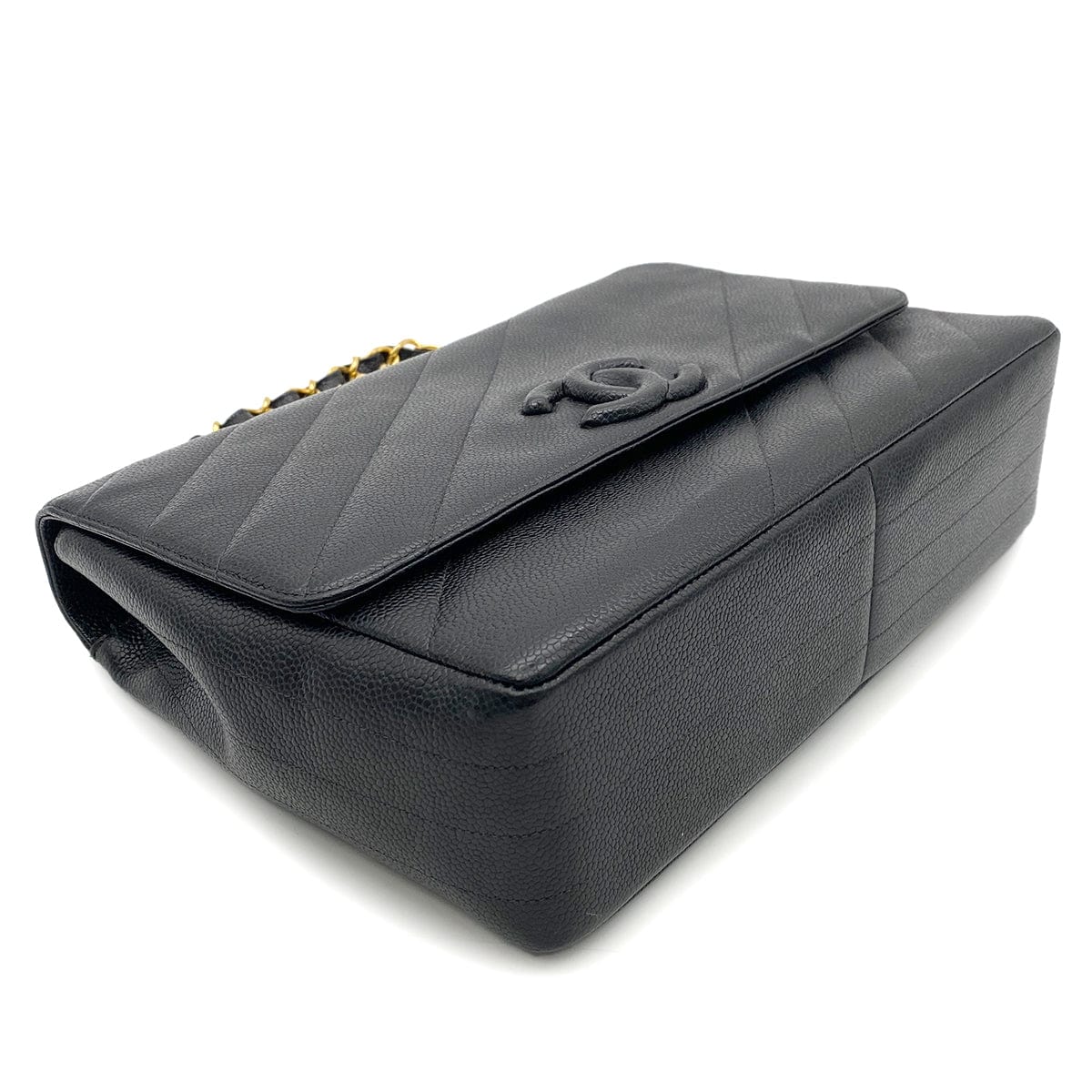 CHANEL VINTAGE BIAS STITCH CHAIN SHOULDER BAG BLACK CAVIAR SKIN 90260184