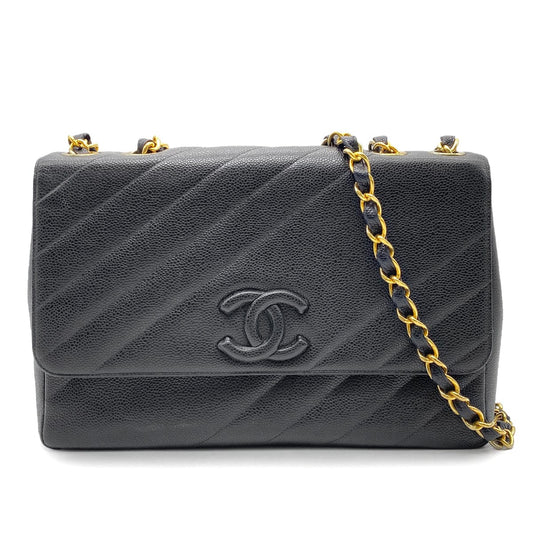 CHANEL VINTAGE BIAS STITCH CHAIN SHOULDER BAG BLACK CAVIAR SKIN 90260184