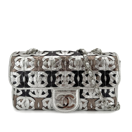 CHANEL VINTAGE CC PATCHWORK CHAIN SHOULDER BAG SILVER LEATHER 90269625