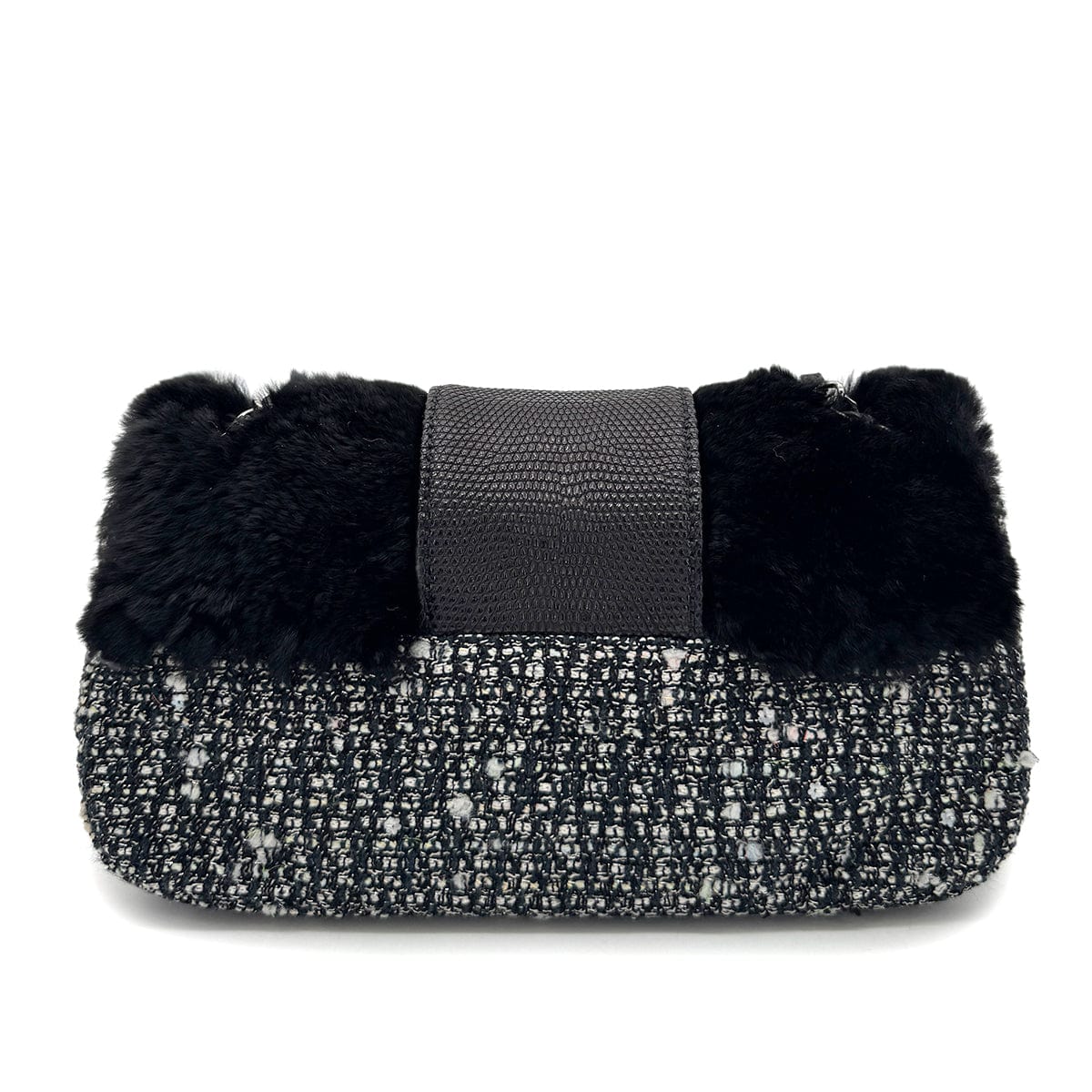 CHANEL VINTAGE CHAIN SHOULDER BAG BLACK TWEED FUR 90269238