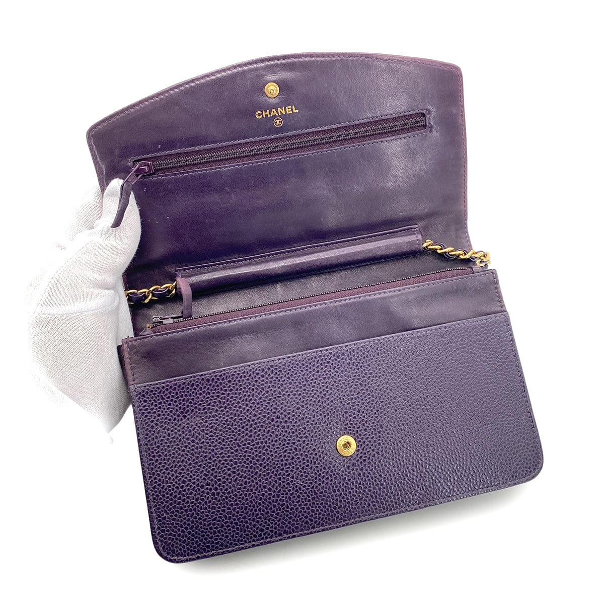 CHANEL VINTAGE CHAIN SHOULDER WALLET PURPLE CAVIAR SKIN 90262373