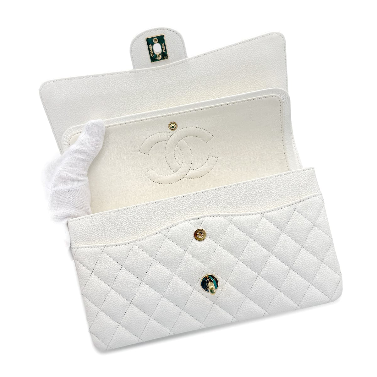 CHANEL VINTAGE CLASSIC FLAP MEDIUM CHAIN SHOULDER BAG WHITE CAVIAR SKIN 90267769
