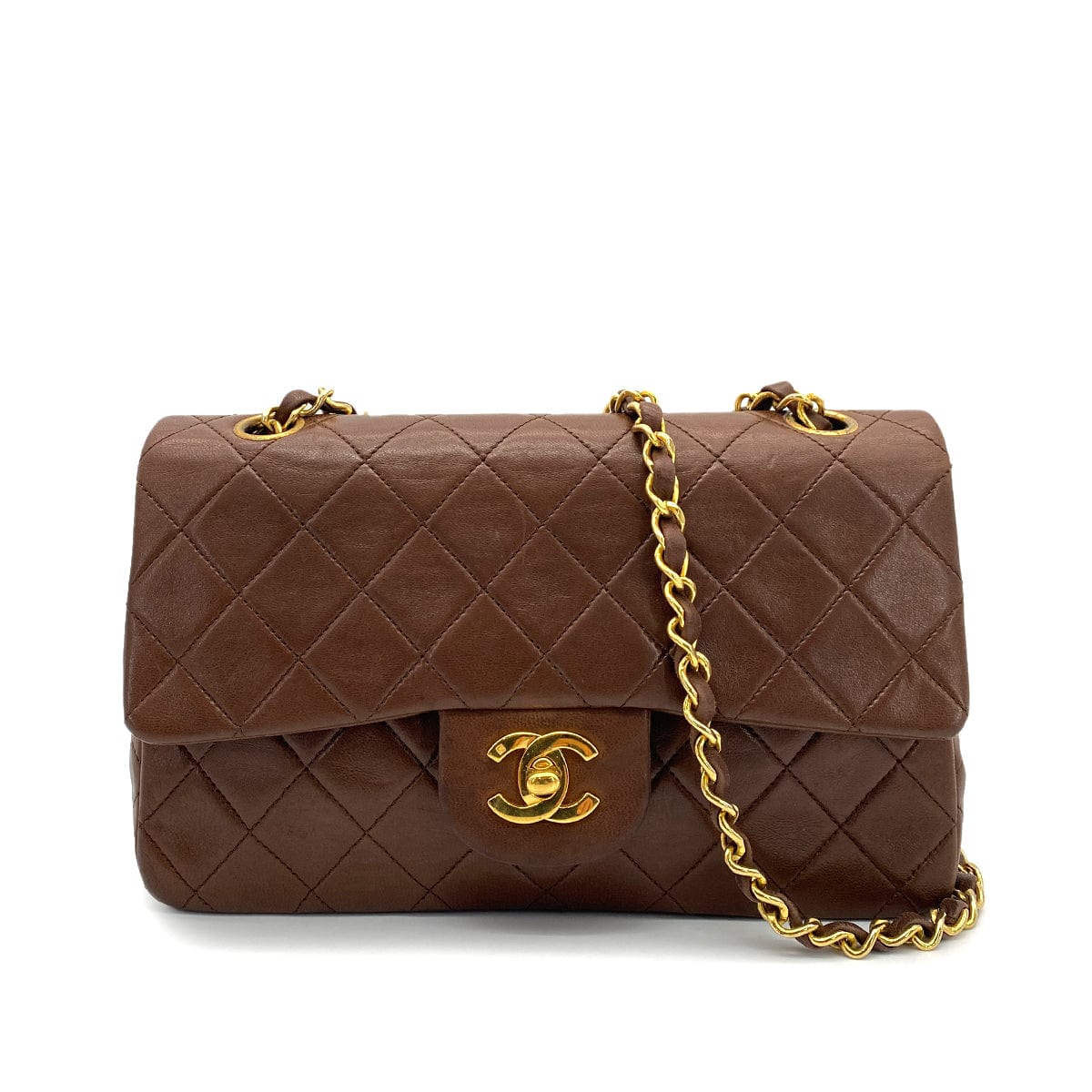 CHANEL VINTAGE CLASSIC FLAP SMALL CHAIN SHOULDER BAG BROWN LAMB SKIN 90260138
