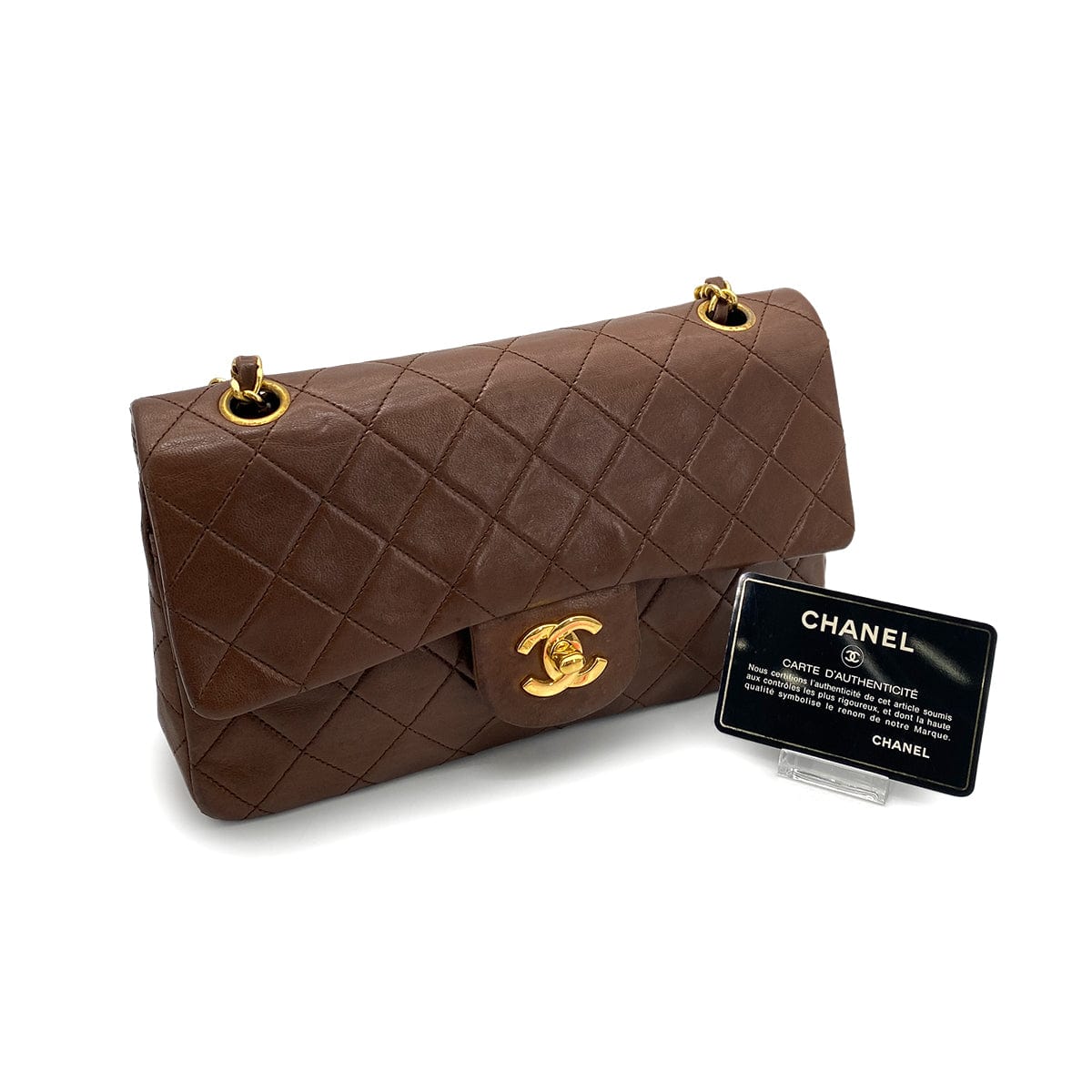 CHANEL VINTAGE CLASSIC FLAP SMALL CHAIN SHOULDER BAG BROWN LAMB SKIN 90260138