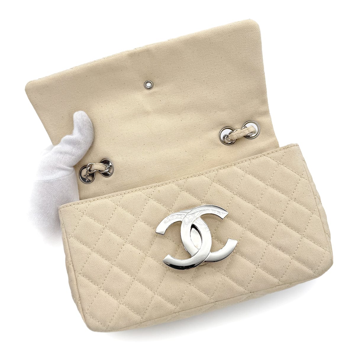 CHANEL VINTAGE CRUISELINE CHAIN SHOULDER BAG BEIGE CANVAS 90267380